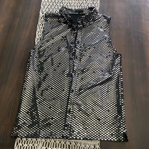 Mission silver metallic sleeveless button down shirt